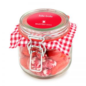 320 g roter Süßigkeiten-Mix im Bügelglas mit Werbeetikett