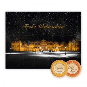Premium Adventskalender mit 25 Standard-Golddublonen und Rundum-Werbedruck