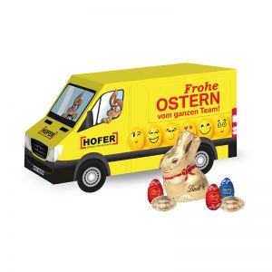 3D Oster Transporter Lindt Goldhase und Schoko-Eier mit Werbebedruckung