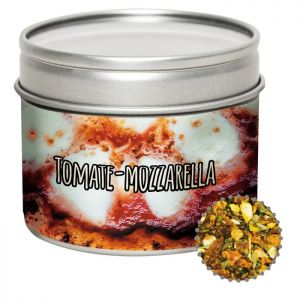 40 g Gewürzmischung Tomate-Mozzarella in Sichtfensterdose mit Werbeetikett