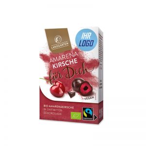 90 g LANDGARTEN Bio Amarenakirsche für Dich original LANDGARTEN Verpackung mit Werbeaufkleber