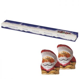 60 g Mini Schoko-Weihnachtsmänner in Präsentstange mit Werbedruck