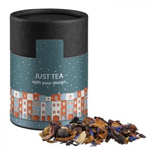 50 g Christkindl Tee in schwarzer, kompostierbarer Pappdose mit Werbeetikett