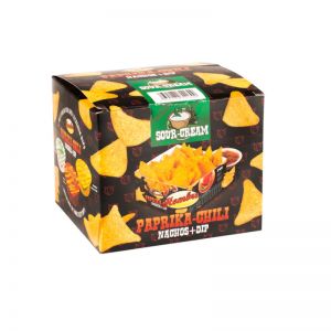 Paprika-Chili Nachos mit Sour Cream Dip in Portionsbox mit Werbeschuber