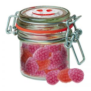 60 g Erdbeer-Chili Bonbons im Mini Bonbonglas mit Werbeetikett