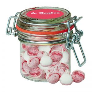 60 g Erdbeer-Joghurt Bonbons im Mini Bonbonglas mit Werbeetikett