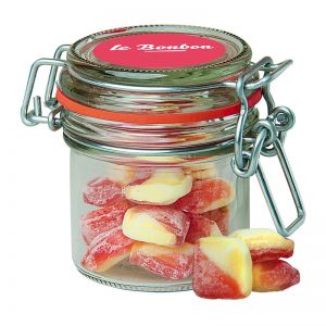 60 g Rote Grütze-Vanille Bonbons im Mini Bonbonglas mit Werbeetikett
