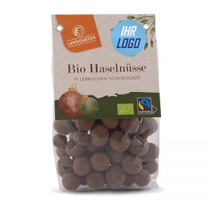 160 g LANDGARTEN Bio Haselnüsse in Lebkuchenschoko im Standbodenbeutel mit Werbeaufkleber