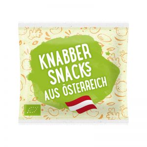 10 g LANDGARTEN Bio Crunchy Peas Hummus Klassik im Papiertütchen mit Werbedruck