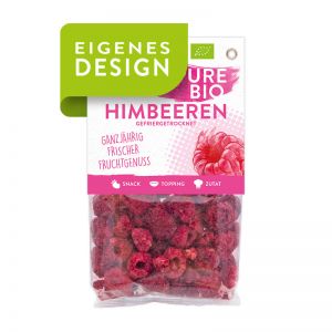 20 g LANDGARTEN Pure Bio Himbeeren im Standbodenbeutel und Werbereiter