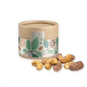 Bio Zimt-Mandel Vanille-Cashew Mix in biologisch abbaubarer Mini Eco Pappdose mit Werbebanderole