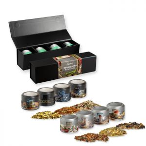 4er Geschenk-Set Premium schwarz mit Magnetverschluss Weihnachts Gewürzmischungen mit Werbebanderole