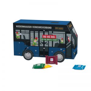 3D Adventskalender Bus Ritter SPORT Schokotäfelchen mit Werbedruck