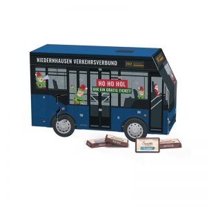 3D Adventskalender Bus Sarotti Schokotäfelchen mit Werbedruck