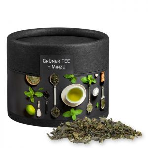 Bio Grüner Tee mit Minze in biologisch abbaubarer Eco Mini Pappdose schwarz mit Werbebanderole