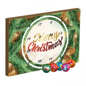 Adventskalender Maxi mit Schoko-Weihnachtskugeln und Werbedruck