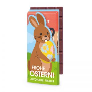 Aufklappbare Ostergrußkarte Rettergut Mixschokolade Haselnuss mit Werbedruck