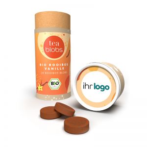Bio Rooibos Vanille TeaBlobs in Eco Pappdose mit Werbeanbringung