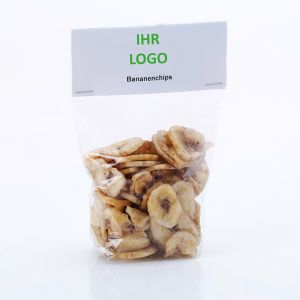 Getrocknete Bananenchips mit Werbereiter und Logodruck