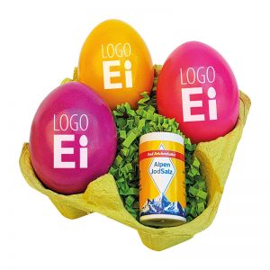 LogoEi 3er-Set inkl. Salz in einer farbigen Eierbox mit Werbeanbringung