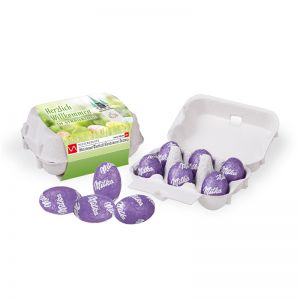 Milka Alpenmilch-Eier 6er-Set in Eierkartonage mit Werbebanderole