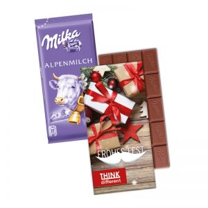 Milka Schokoladentafel in einem Werbekarton mit Logodruck