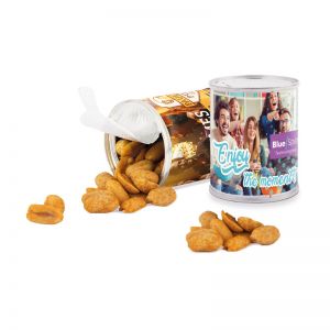 Pikante Erdnüsse in Snack Dose mit Werbe-Papieretikett