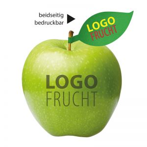 PR LogoApfel grün mit Blatt und Werbebedruckung