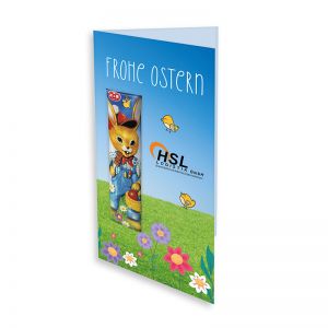 Schokoladen-Lolly in Oster-Faltkarte mit Werbedruck