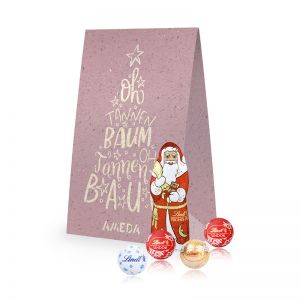 Weihnachtliche Geschenktüte (Graspapier) Lindt Santa & Lindt Minis mit Werbedruck