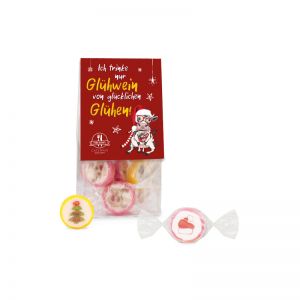 Weihnachts-Motiv-Bonbons im Standbeutel mit Werbereiter